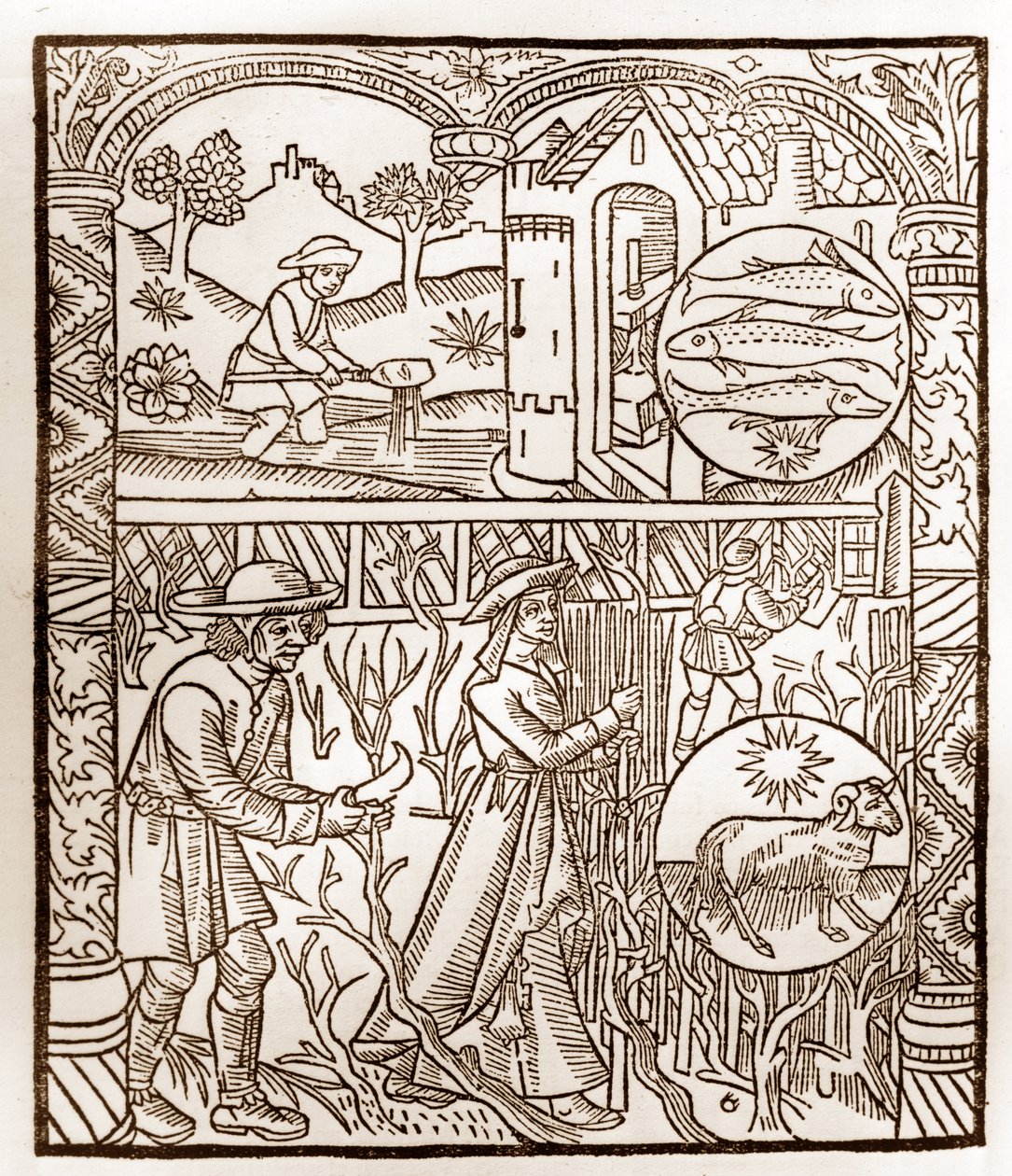 Hyrdekalender - Månedens arbeid - Mars - Tresnitt fra boken fra 1496 trykt av Guy Marchant (Guido Mercator) i Troyes - Tregravering i "Le grand Calendrier et compost des shepherds" - av Guy Marchant