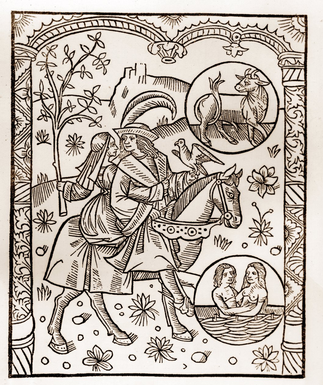 Hyrdekalender - Månedens arbeid - Mai - Tresnitt fra boken fra 1496 trykt av Guy Marchant (Guido Mercator) i Troyes - Tregravering i "Le grand Calendrier et compost des shepherds" - av Guy Marchant