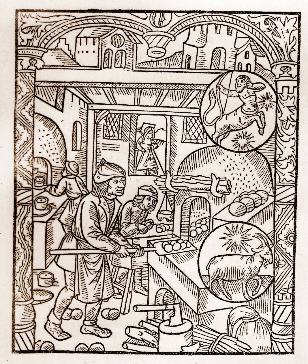 Hyrdekalender - Månedens arbeid - November - Tresnitt fra boken fra 1496 trykket av Guy Marchant (Guido Mercator) i Troyes - Tregravering i "" Le grand Calendrier et compost des shepherds"" - Brødovn - av Guy Marchant