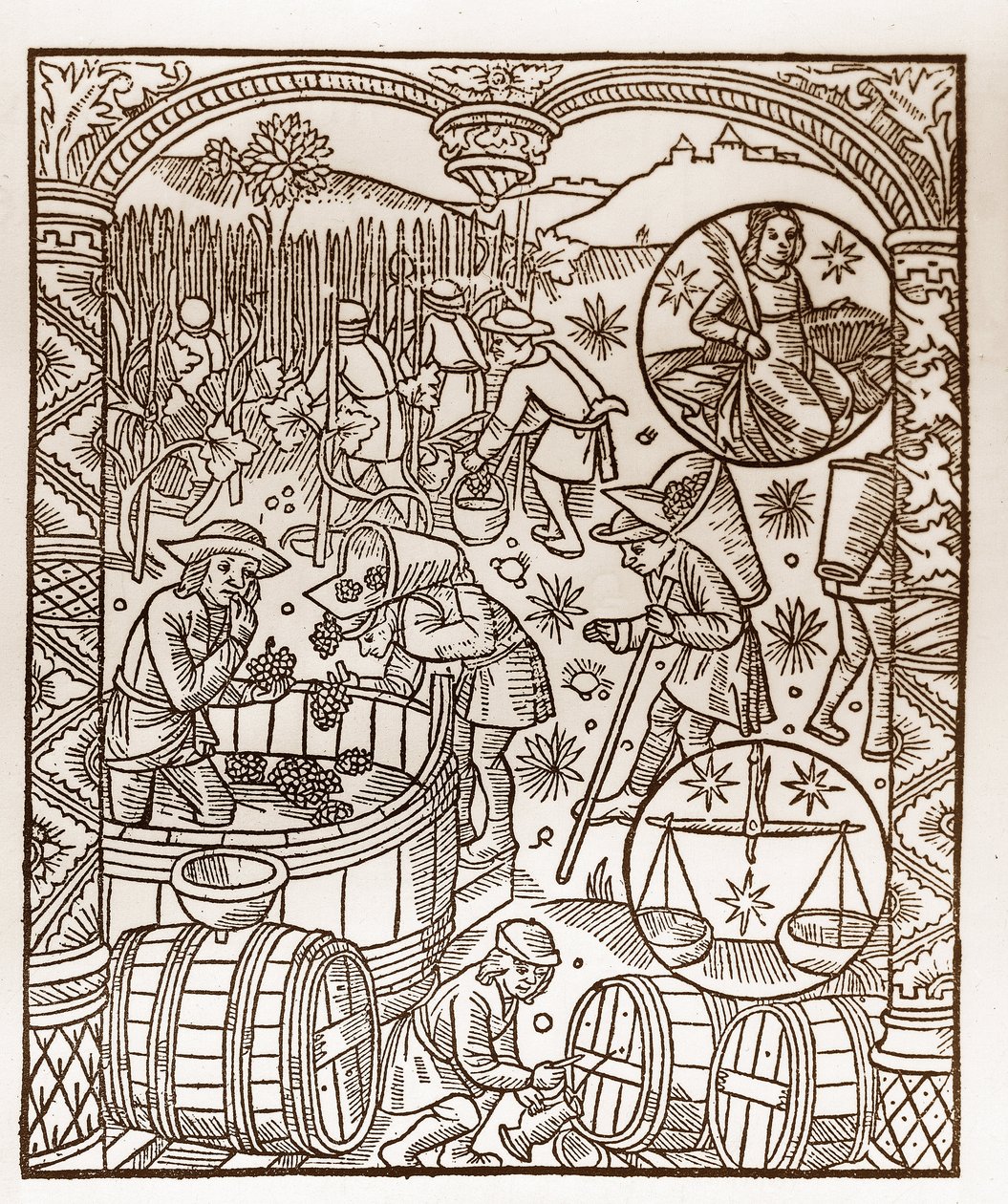 Hyrdekalender - Månedens arbeid - Oktober - Tresnitt fra boken fra 1496 trykket av Guy Marchant (Guido Mercator) i Troyes - Tregravering i "" Le grand Calendrier et compost des shepherds"" - Høsten - og tegnene på dyrekretsen: den av Guy Marchant