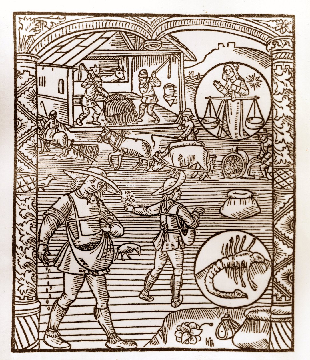 Hyrdekalender - Månedens arbeid - September - Tresnitt fra boken fra 1496 trykket av Guy Marchant (Guido Mercator) i Troyes - Au premier plan, des peassans sement a la volee - Tresnitt i "Le grand Calendrier et compost des shepherds" - av Guy Marchant