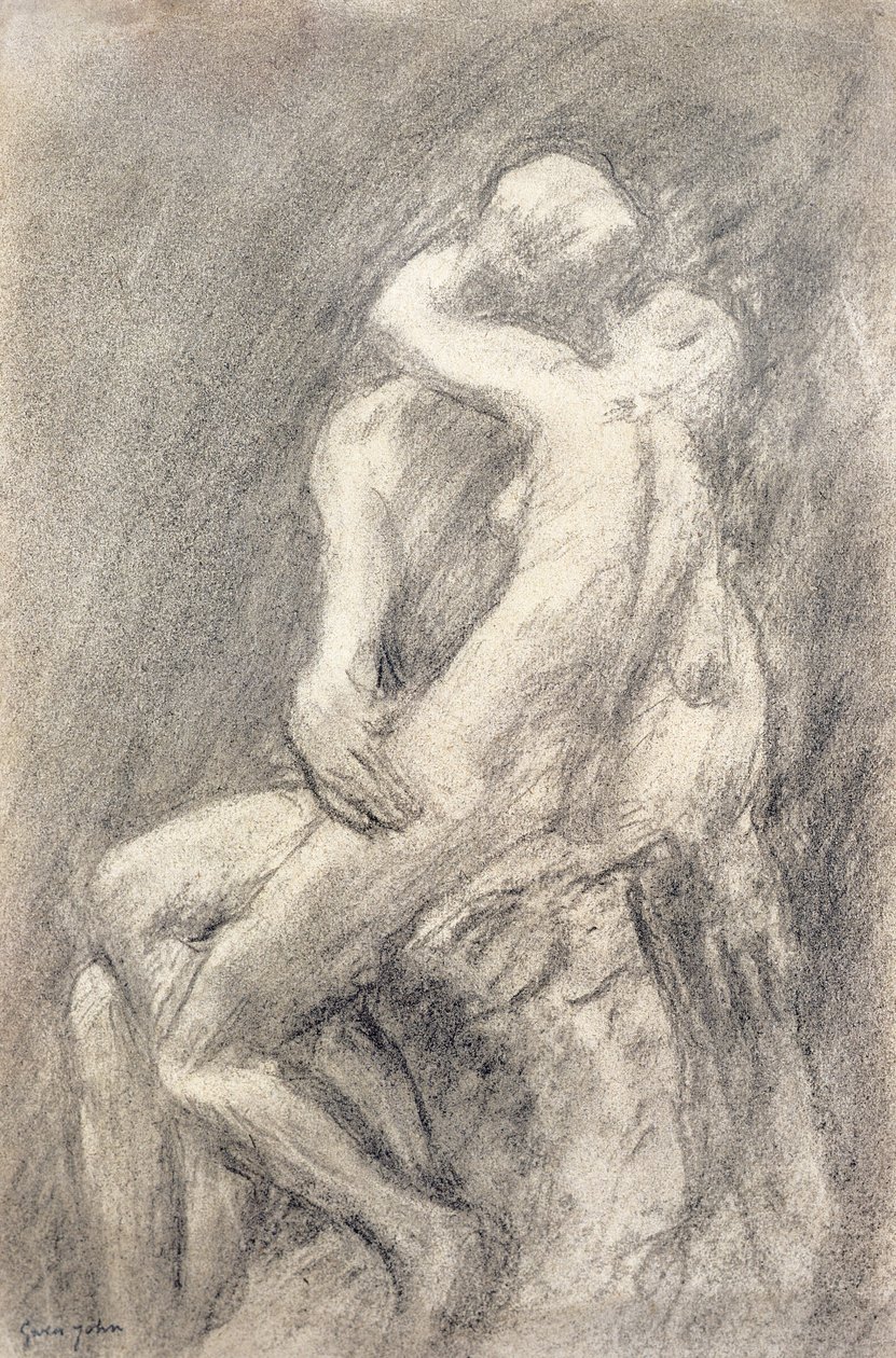 En studie av Rodins kyss i studioet hans (kull på papir) av Gwen John