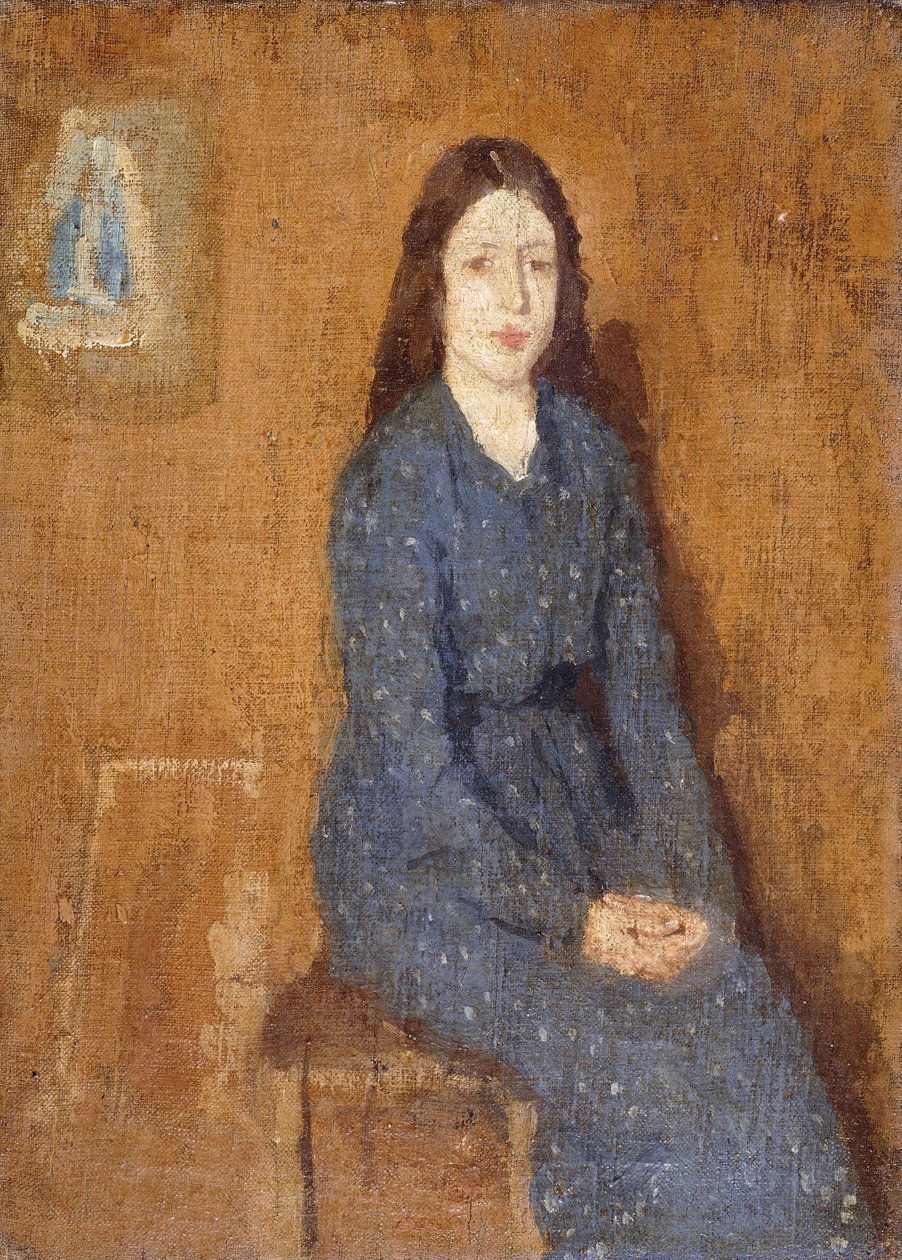 En sittende jente iført en flekket blå kjole, 1914-15 av Gwen John