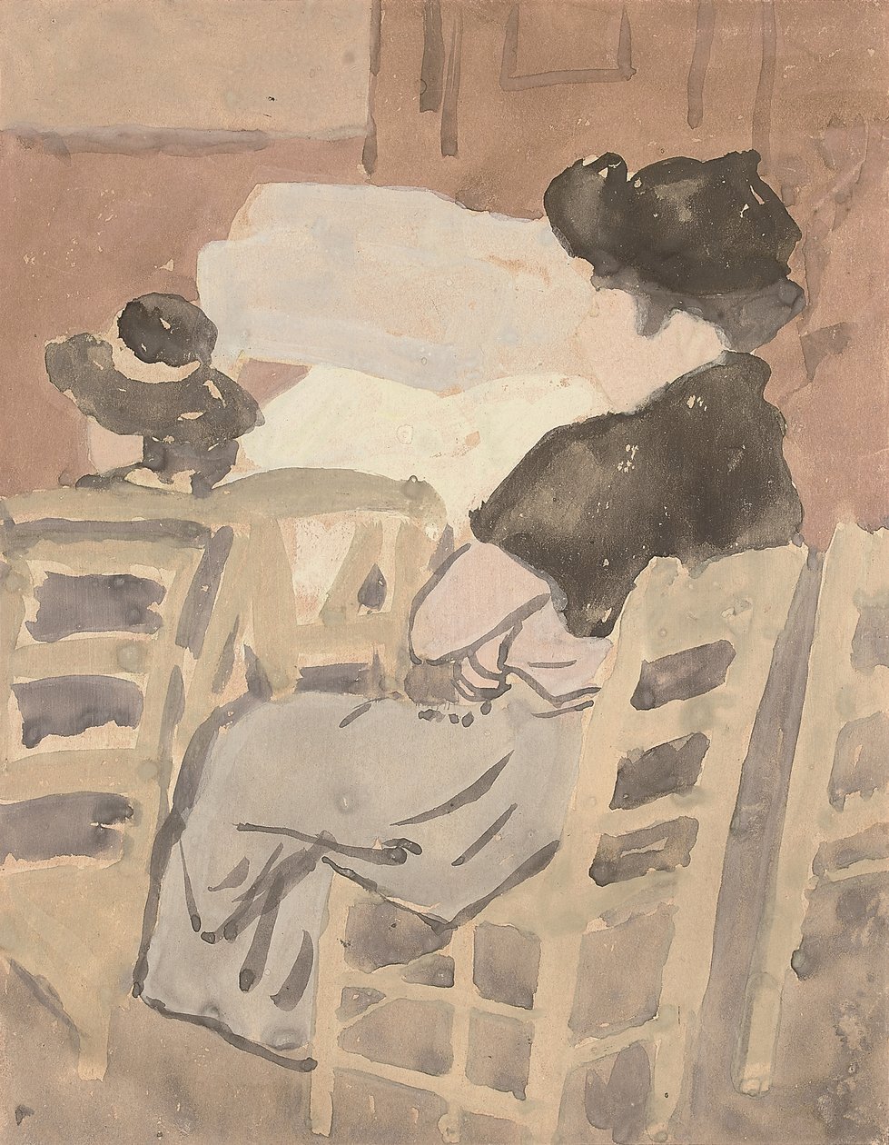 En kvinne og en ung jente i et kirkeinteriør (akvarell på papir) av Gwen John