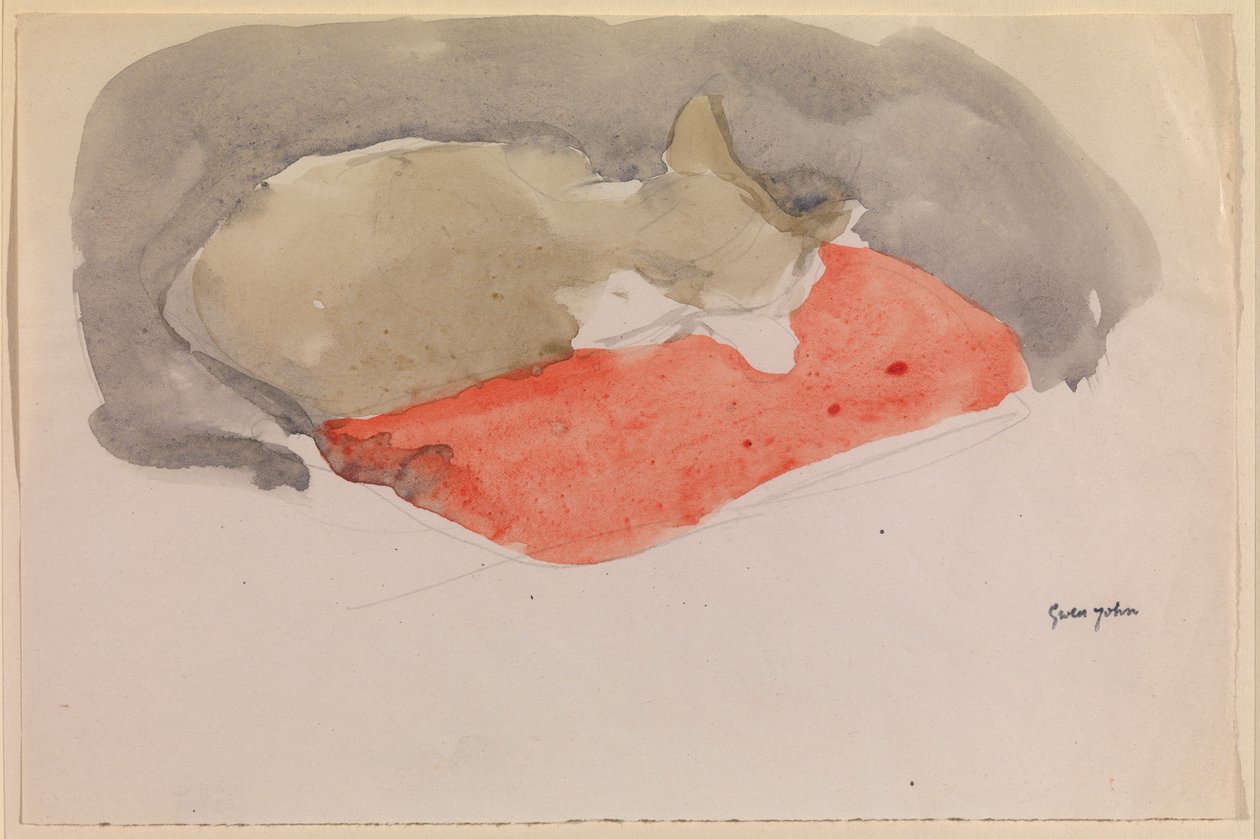 Katt som sover på en rød pute (gouache og blyant på papir) av Gwen John