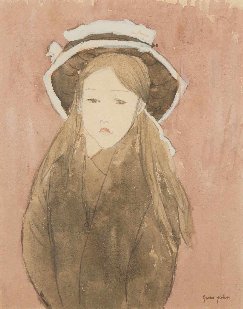 Liten jente med stor hatt (akvarell på papir) av Gwen John