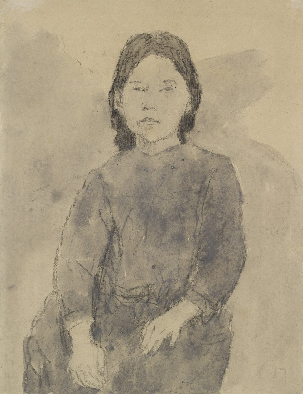 Sittende jente (Marie Hamonet?) (kull, grå vask og kroppsfarge på grått papir) av Gwen John