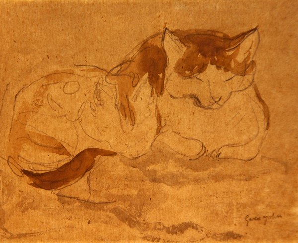 Sovende katt (blyant og akvarell på papir) av Gwen John