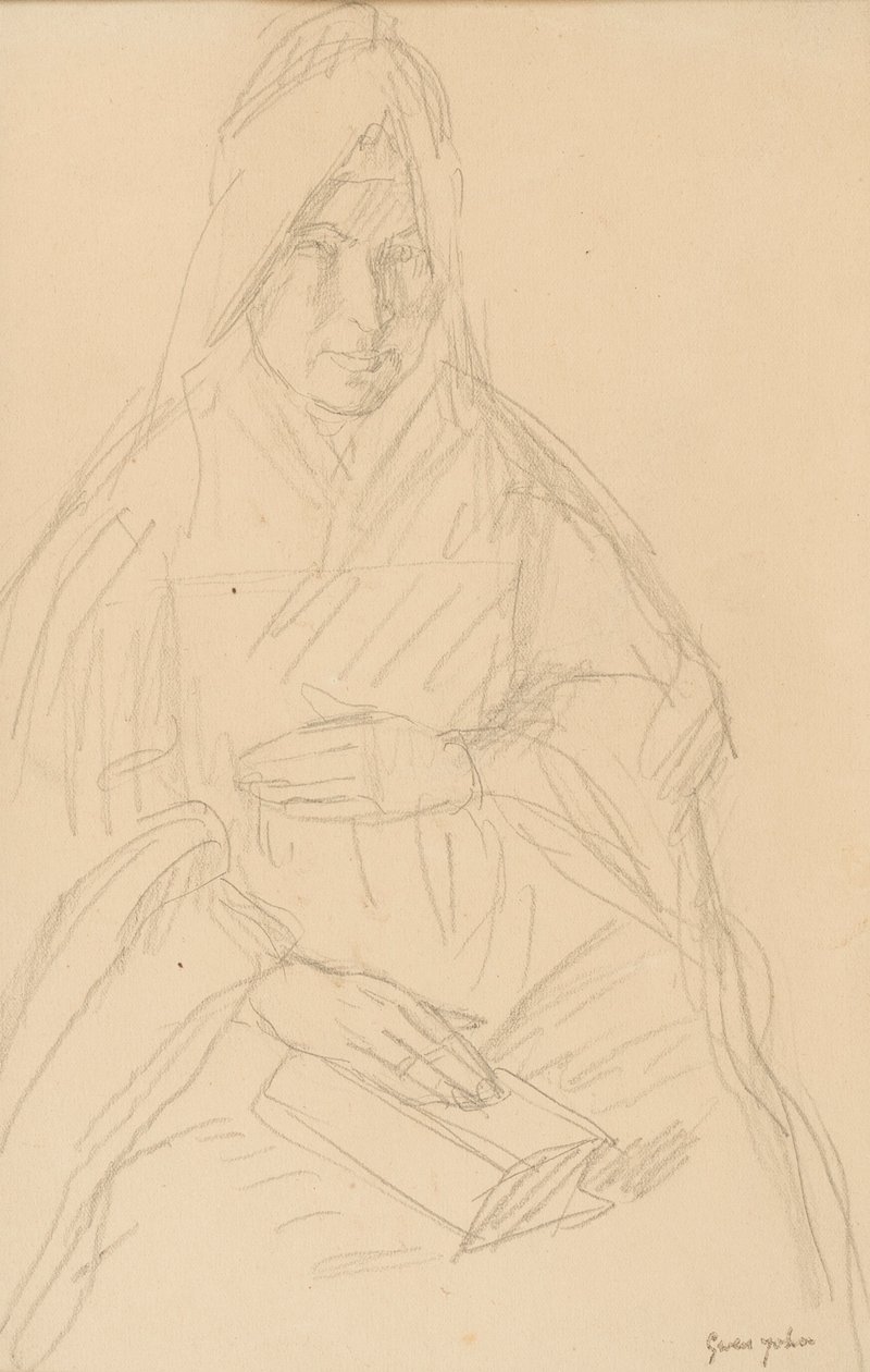 Studie for Mere Poussepin sittende ved et bord, ca. 1915 av Gwen John