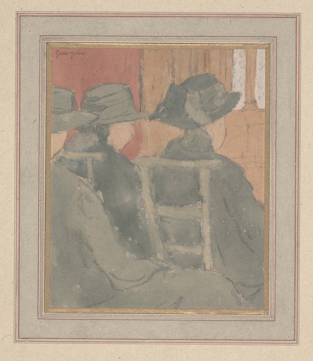 Kvinne og foreldreløs jente i kirken (kull og akvarell på papir) av Gwen John