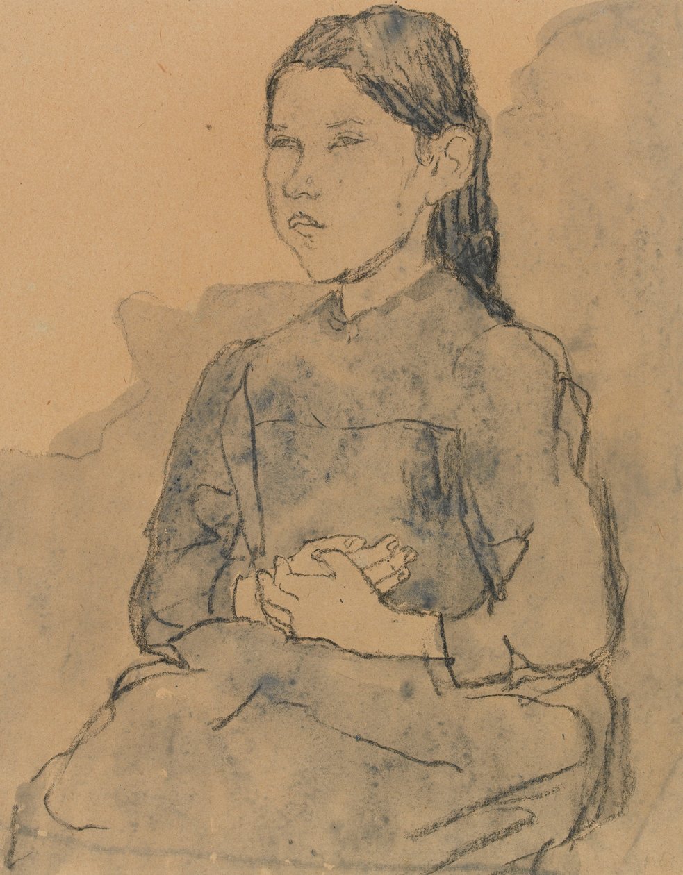 Ung jente: Marie Hamonet, ca. 1918 (kull og blå vask på papir) av Gwen John