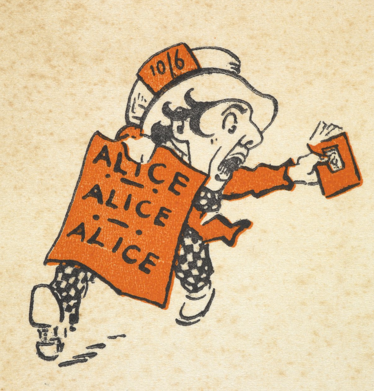 Illustrasjon av den gale hattemakeren som løper med en bok og et skilt som sier "Alice Alice Alice" av Gwynedd M. Hudson