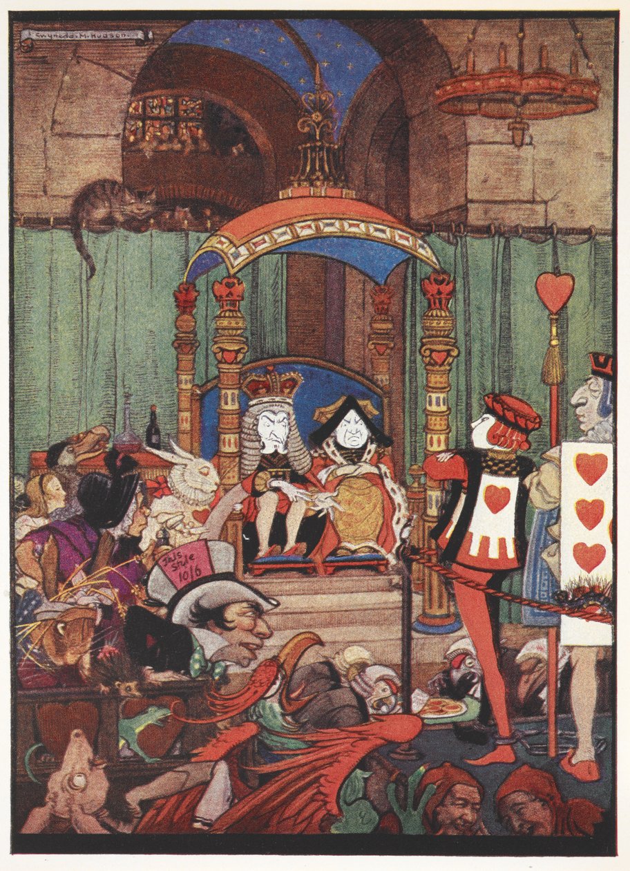 Hjertekongen og Hjertedronningen på tronen sin ved hoffet under rettssaken mot Hjerteknekten. av Gwynedd M. Hudson