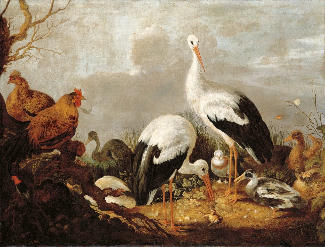 Storker, stokkender, høner, en hegre, en frosk og andre fugler i et elvelandskap av Gysbert Hondecoeter
