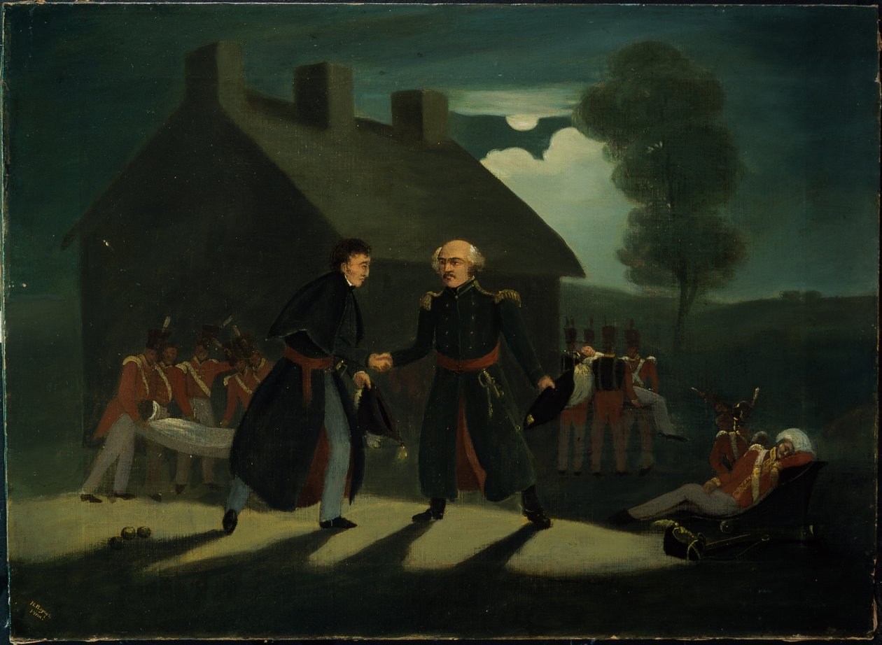 Møtet mellom Wellington (1769-1852) og Blucher (1742-1819) ved La Belle Alliance etter slaget ved Waterloo, ca. 1820 av H. Baynes
