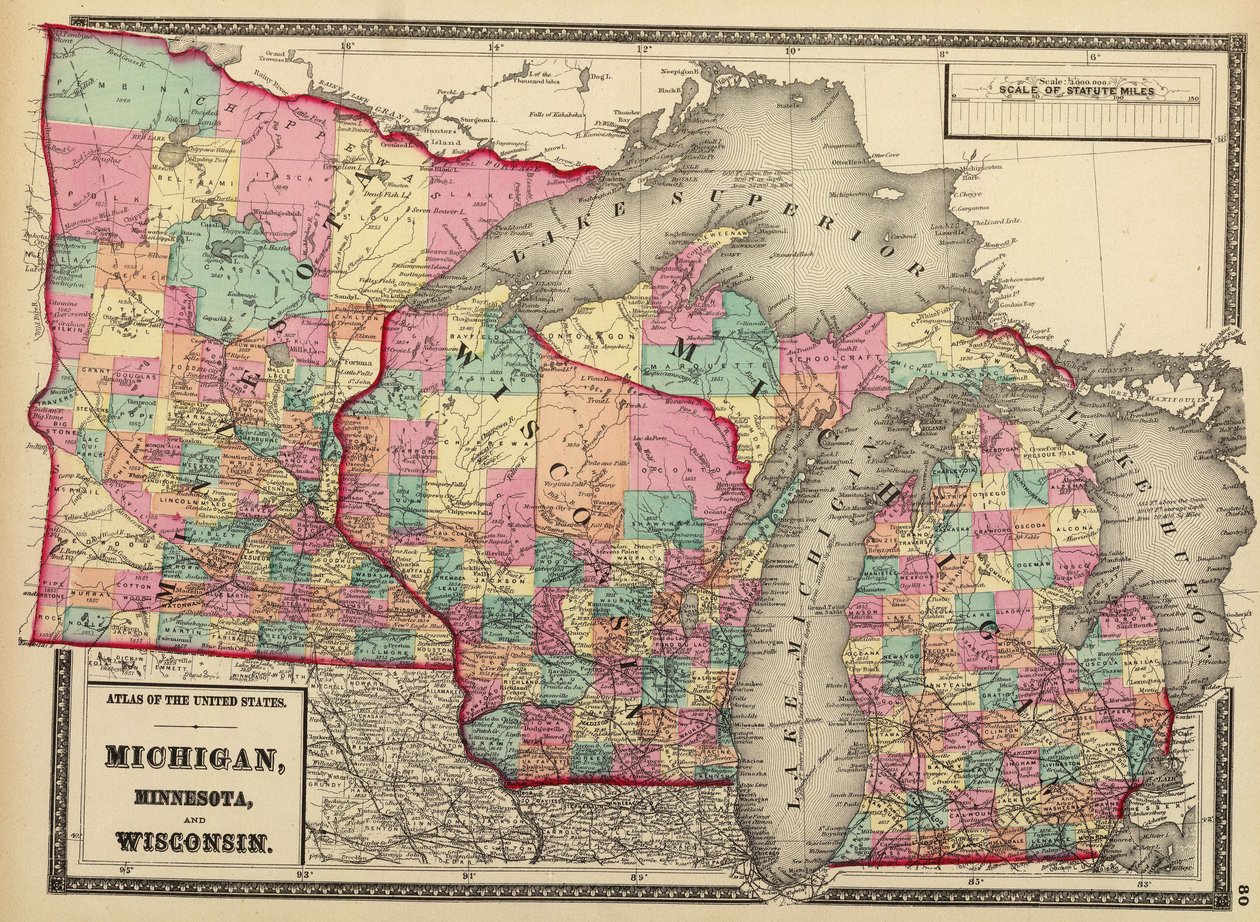 1872 kart over delstatene Minnesota, Wisconsin og Michigan av H. F.; Gray Walling