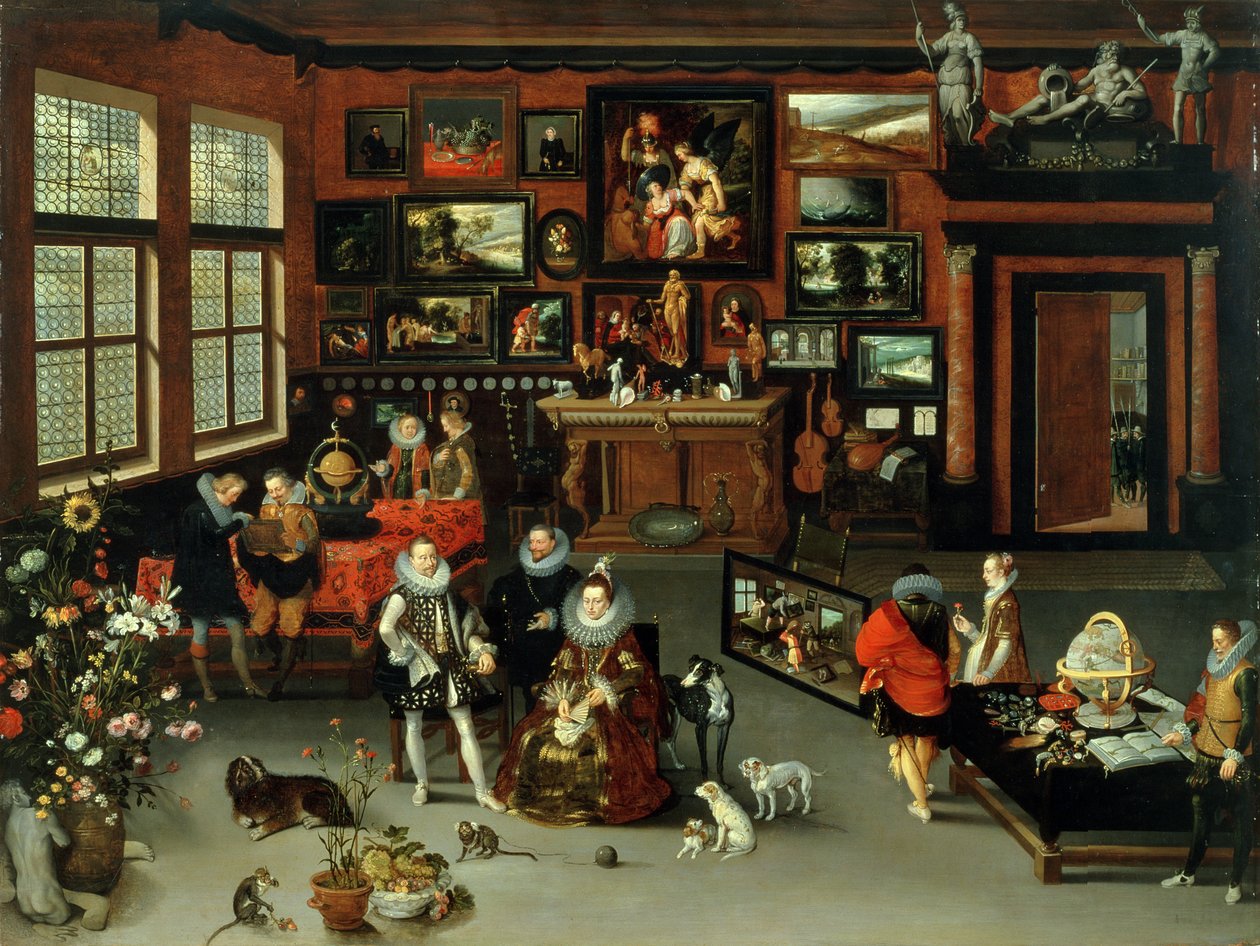 Erkehertug Albert (1559-c.1621) og erkehertuginne Isabella (1566-1633) på besøk i et samlerkabinett, ca. 1621-23 av H. II and Brueghel, Jan I Francken