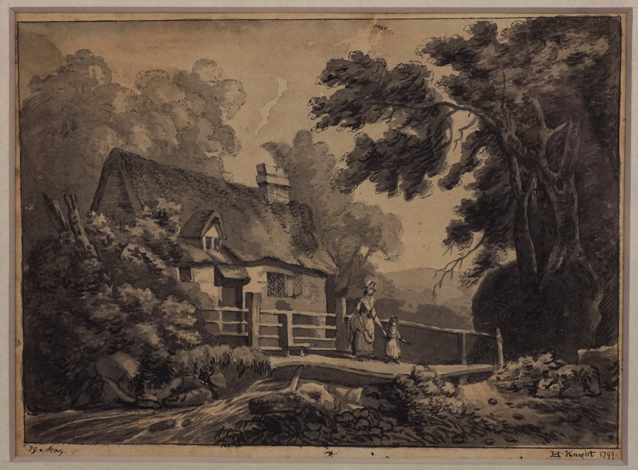En mor og et barn som krysser en bekk, 1799 (blyant, blekk og vask på papir) av H. Knight