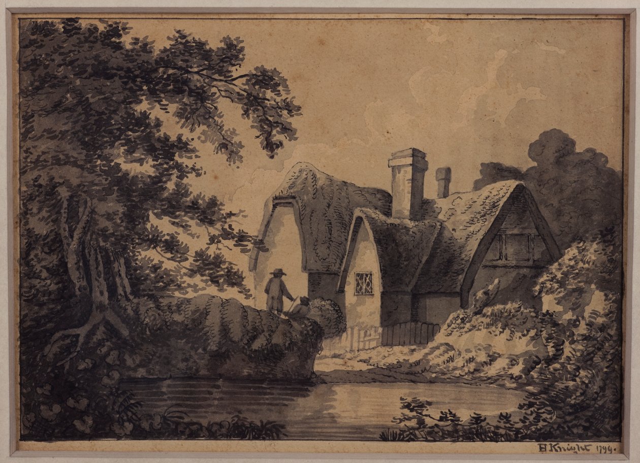To ved en hytte i et landskap, 1799 (blyant, blekk og vask på papir) av H. Knight
