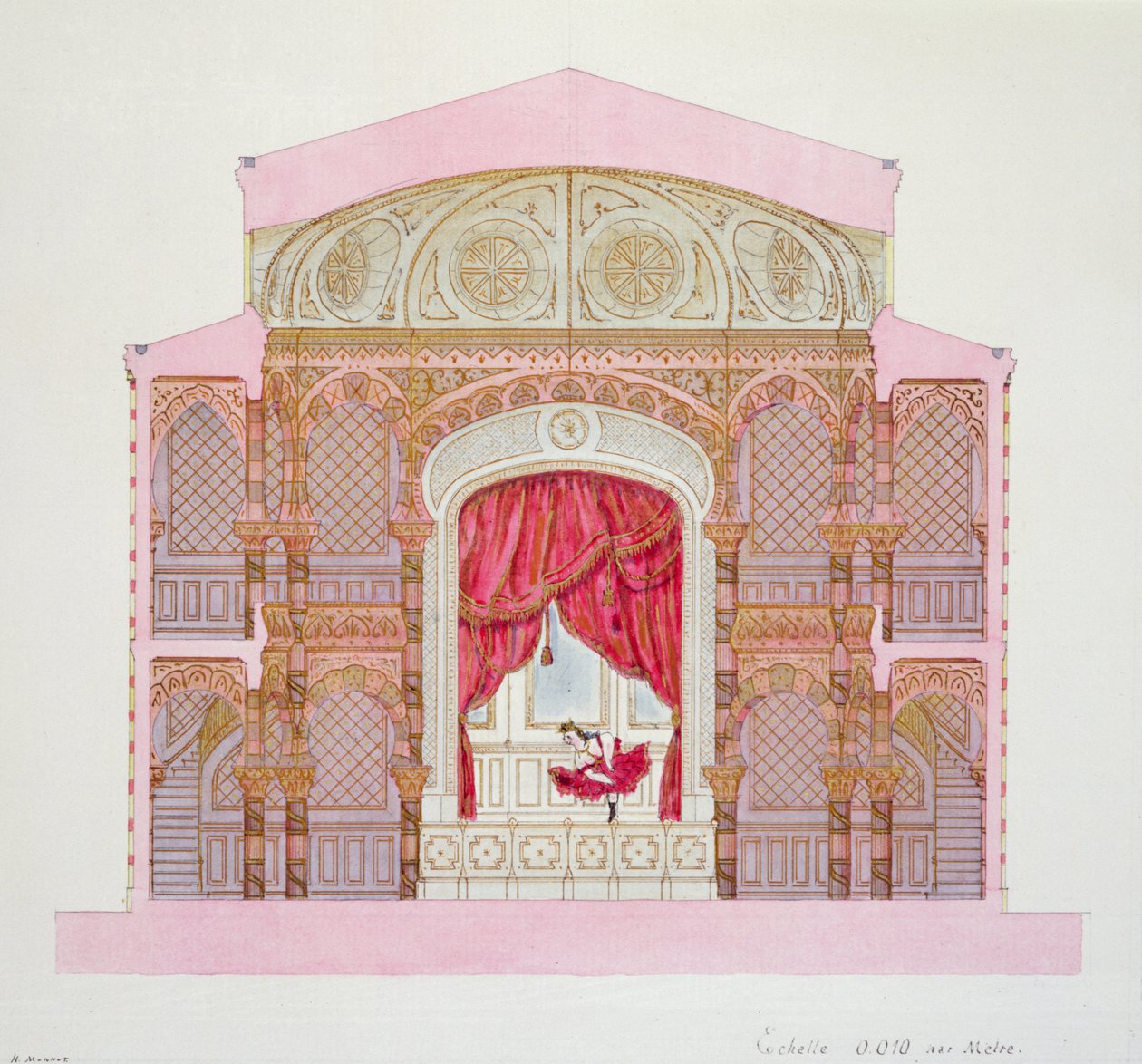 Tverrsnitt av en kafékonsert, tallerken XXVII fra en folio av design, ca. 1870 av H. Monnot