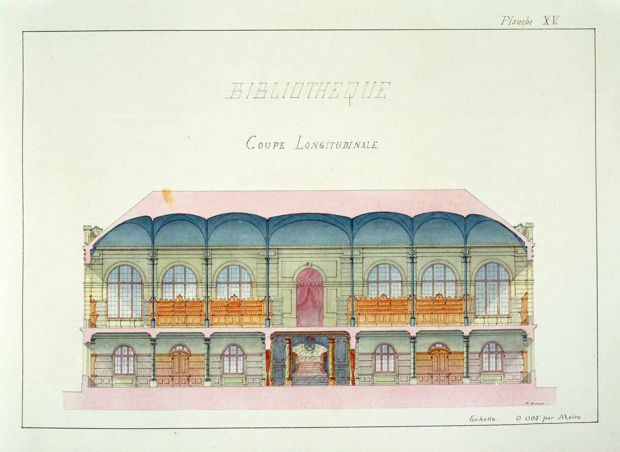 Tverrsnitt av et bibliotek, plate XV fra en folio av design, ca. 1870 av H. Monnot