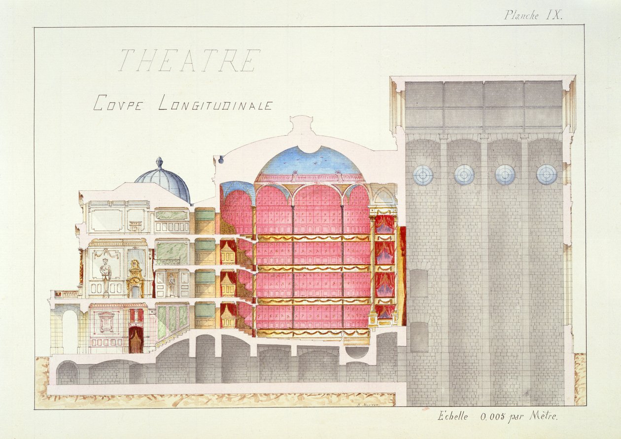 Tverrsnitt av et teater, plate IX fra en folio av design, ca. 1870 av H. Monnot