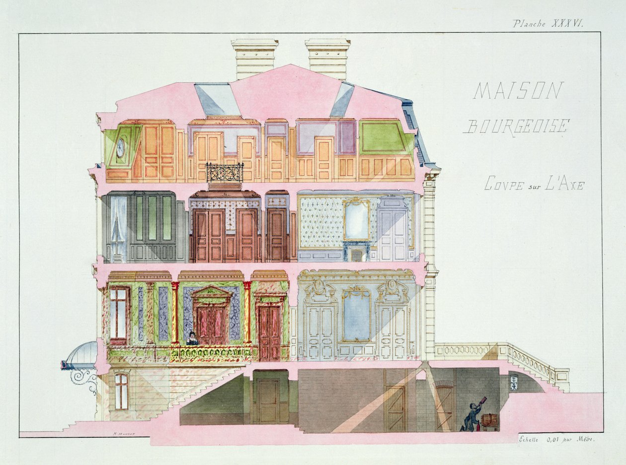 Tverrsnitt av huset for borgerskapet, plate XXXVI fra en folio av design, ca. 1870 av H. Monnot