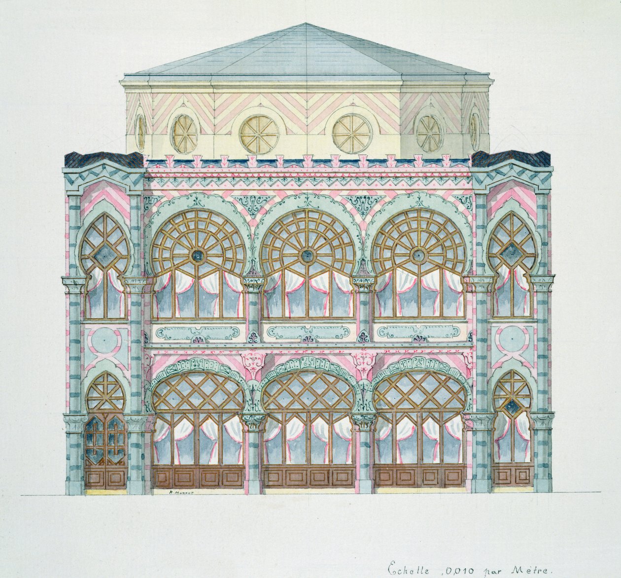 Forhøyning av en kafékonsert, fra en folio av design, ca. 1870 av H. Monnot