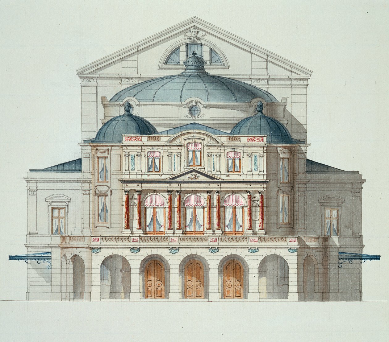 Forhøyning av et teater, fra en folio av design, ca. 1870 av H. Monnot