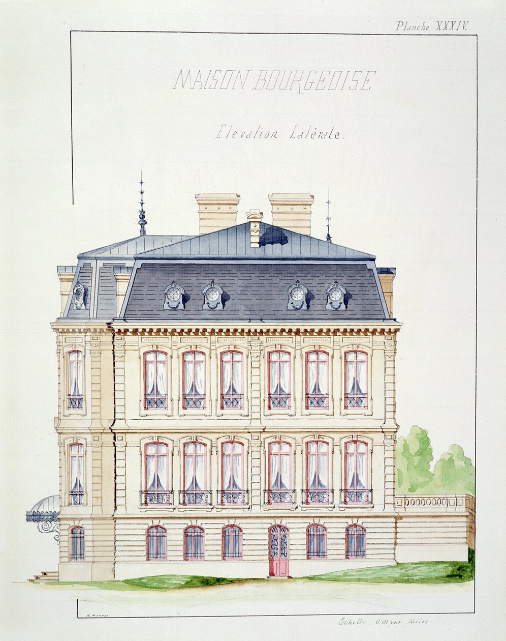Sideoppriss av et hus for borgerskapet, plate XXXIV fra en folio av design, ca. 1870 av H. Monnot