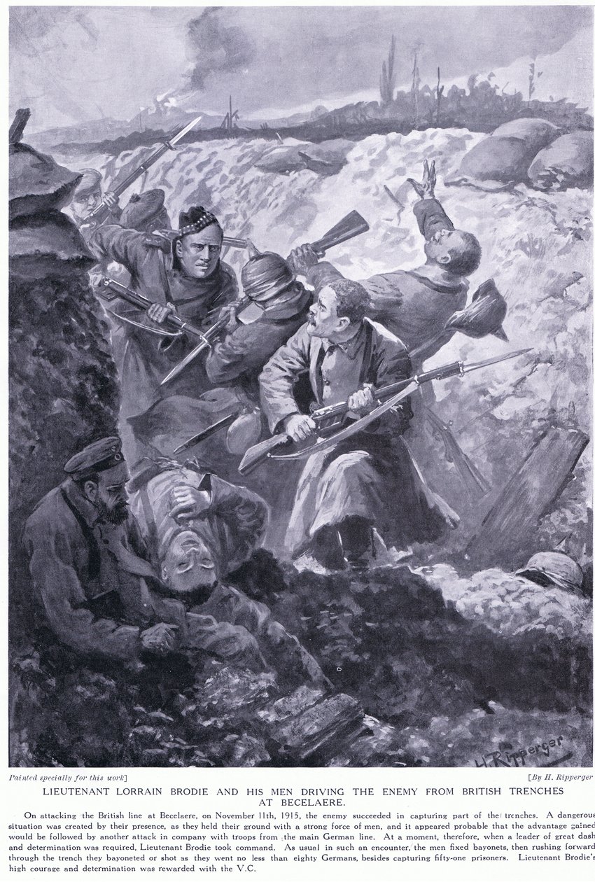 Løytnant Lorrain Brodie vant en VC for å ha kjørt fienden fra britiske skyttergraver ved Becelaere i november 1915 av H. Ripperger