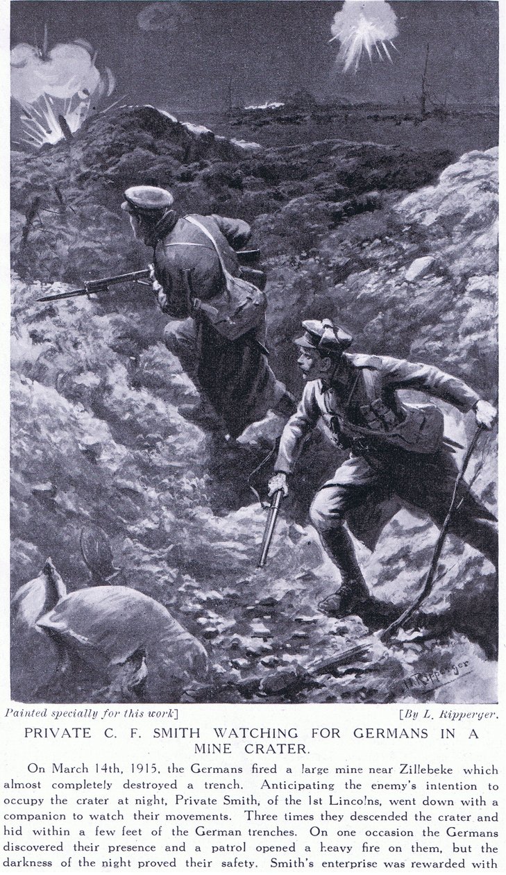 Menig CF Smith ser etter tyskere i et gruvekrater ved Zillebeke i mars 1915 av H. Ripperger