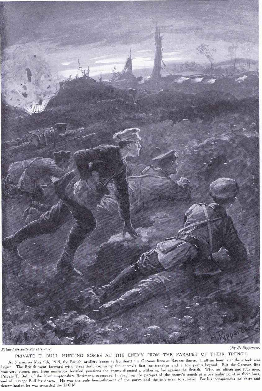 Menig T Bull vant en DCM som kastet bomber mot fienden fra brystningen i skyttergraven deres ved Rouges Banc mai 1915 av H. Ripperger