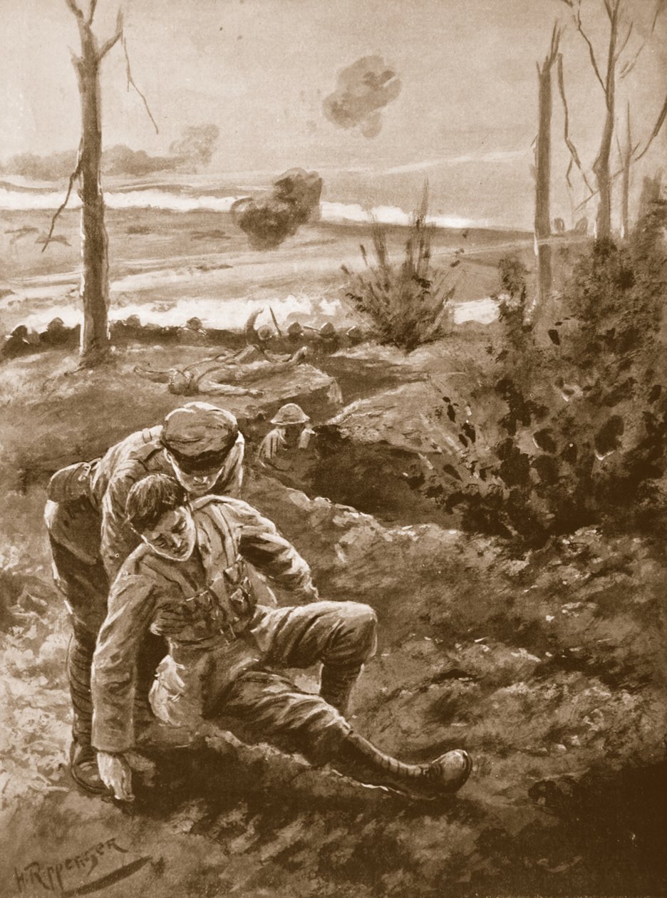 Rev. W.R.F. Addison bærer en såret mann til dekselet av en grøft under tung rifle og maskingeværild av H. Ripperger