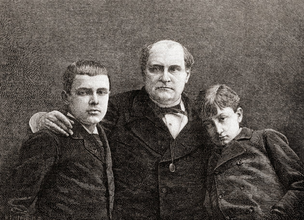 Prins Napoléon Bonaparte med sine to sønner Victor og Louis, fra The Century Illustrated Monthly Magazine, utgitt 1884 (tregravering) av H. Velten