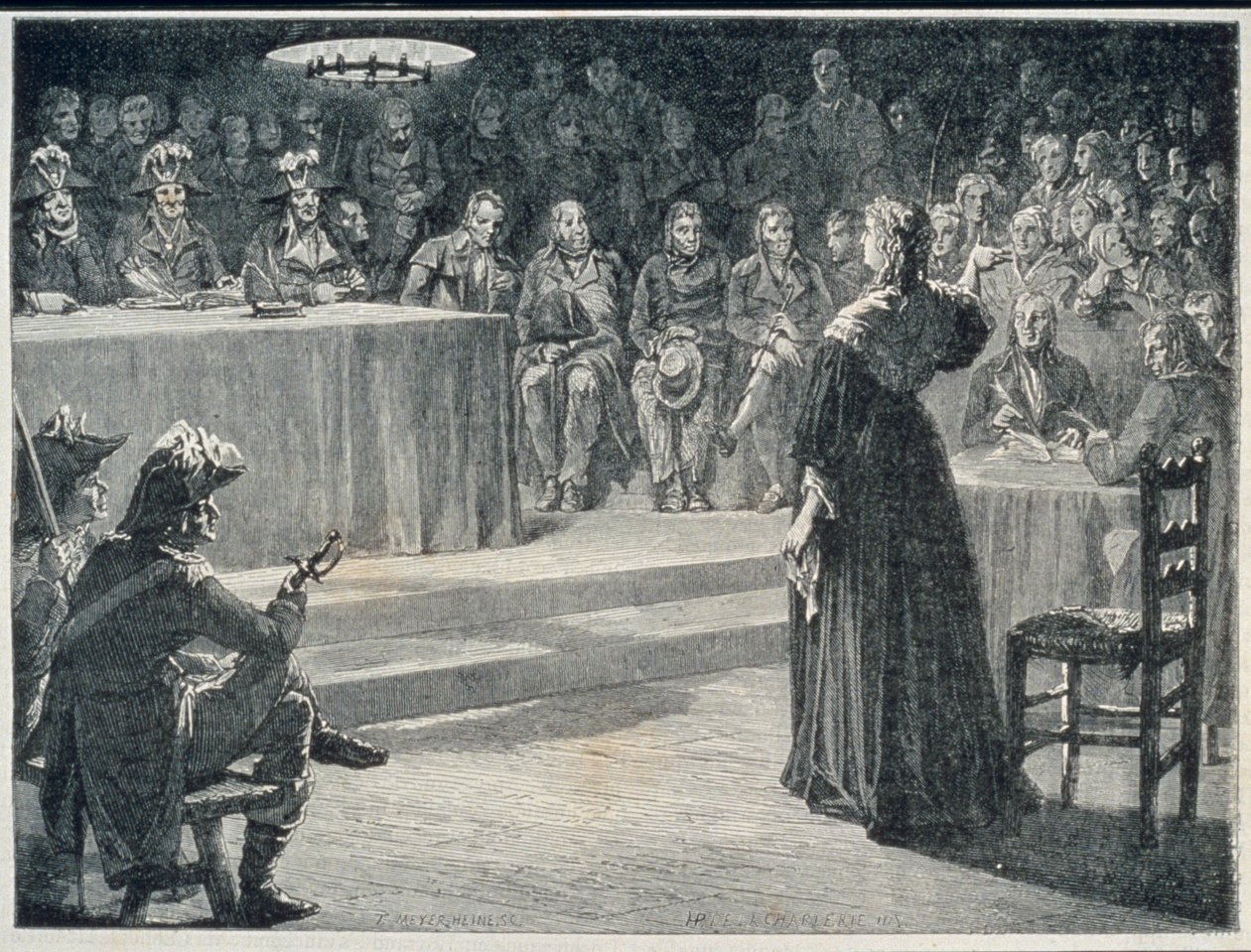 Marie-Antoinette overfor revolusjonsdomstolen i 1793, gravert av Theodor Meyer-Heine av H. de la Charlerie