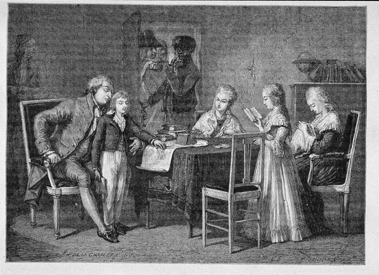 Den franske kongefamiliens tidsfordriv i tempelet, gravert av Jonnard av H. de la Charlerie