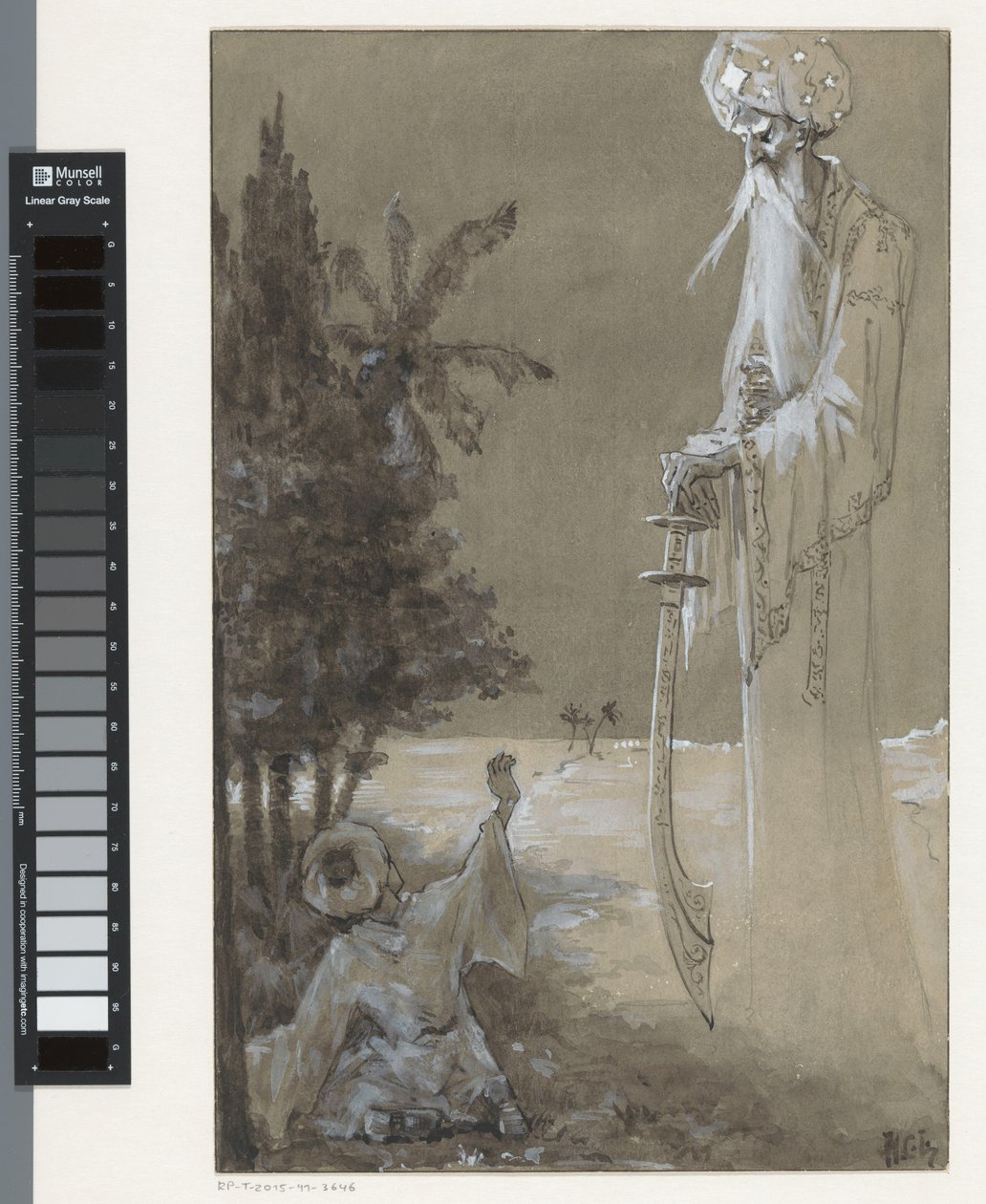 Høy mann med skjegg ser ned på en sittende gutt av H.C. Louwerse (signed by artist)