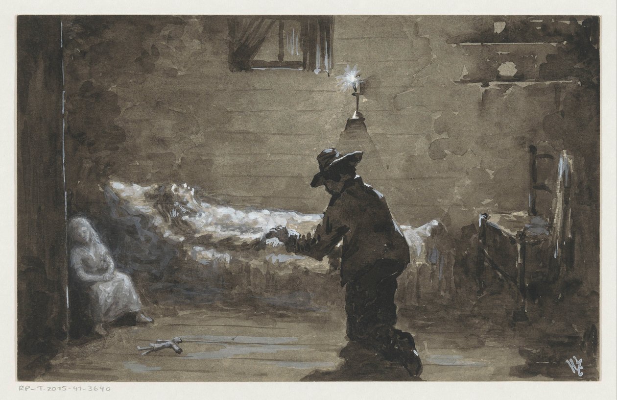Mann kneler ved en kvinnes seng av H.C. Louwerse (signed by artist)