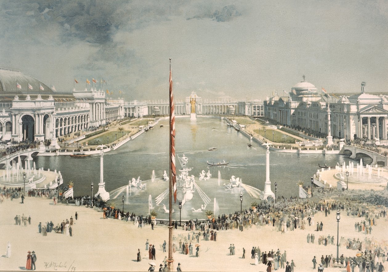 The Worlds Columbian Exposition, ser østover fra MacMonnies Fountain mot Court of Honor og Grand Basin, Chicago, Illinois, 1893 av H.D. Nichols