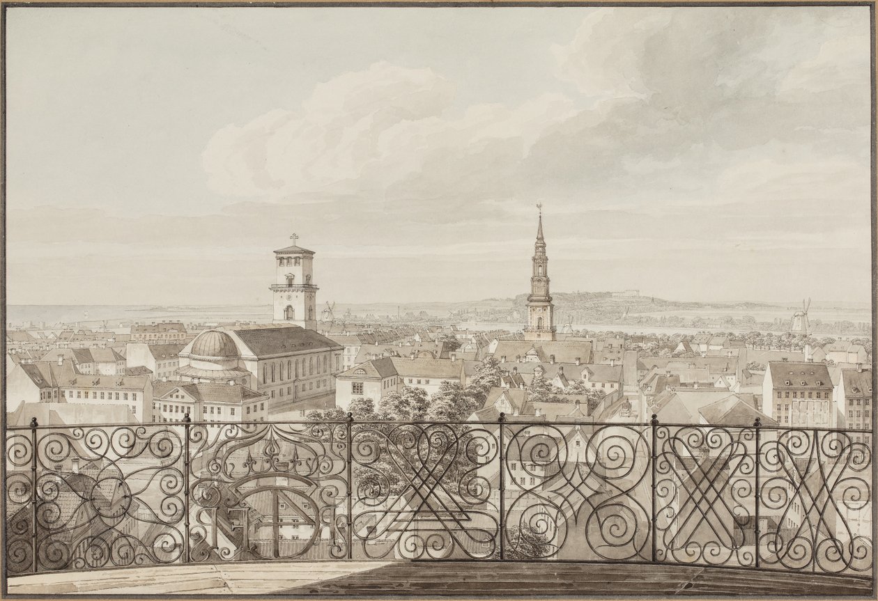 Utsikt fra Rundetårn over København til Frederiksberg slott av H.G.F. Holm