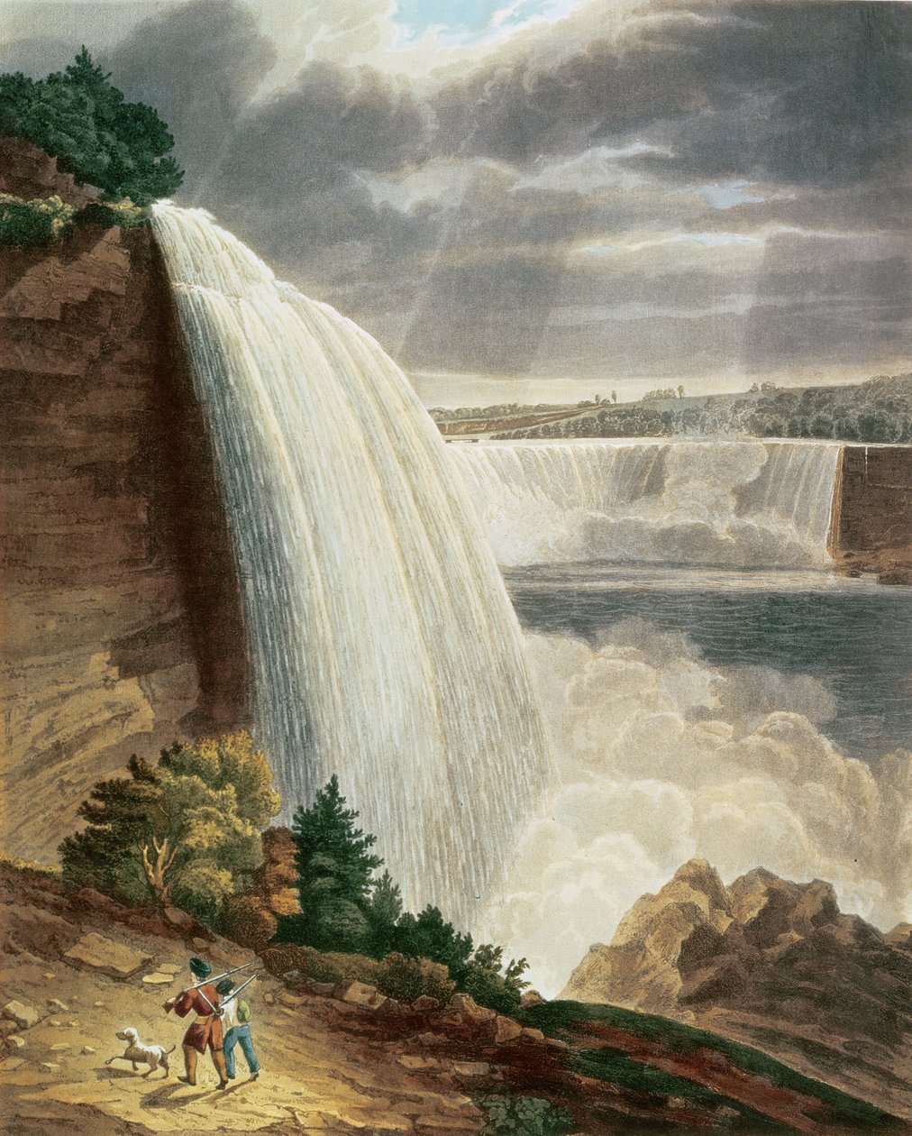 Niagara Falls, en del av American Fall from the Foot of the Stair Case, gravert av J. Hill, pub. av H.L.Megarcy (fargegravering) av H.J. Bennett
