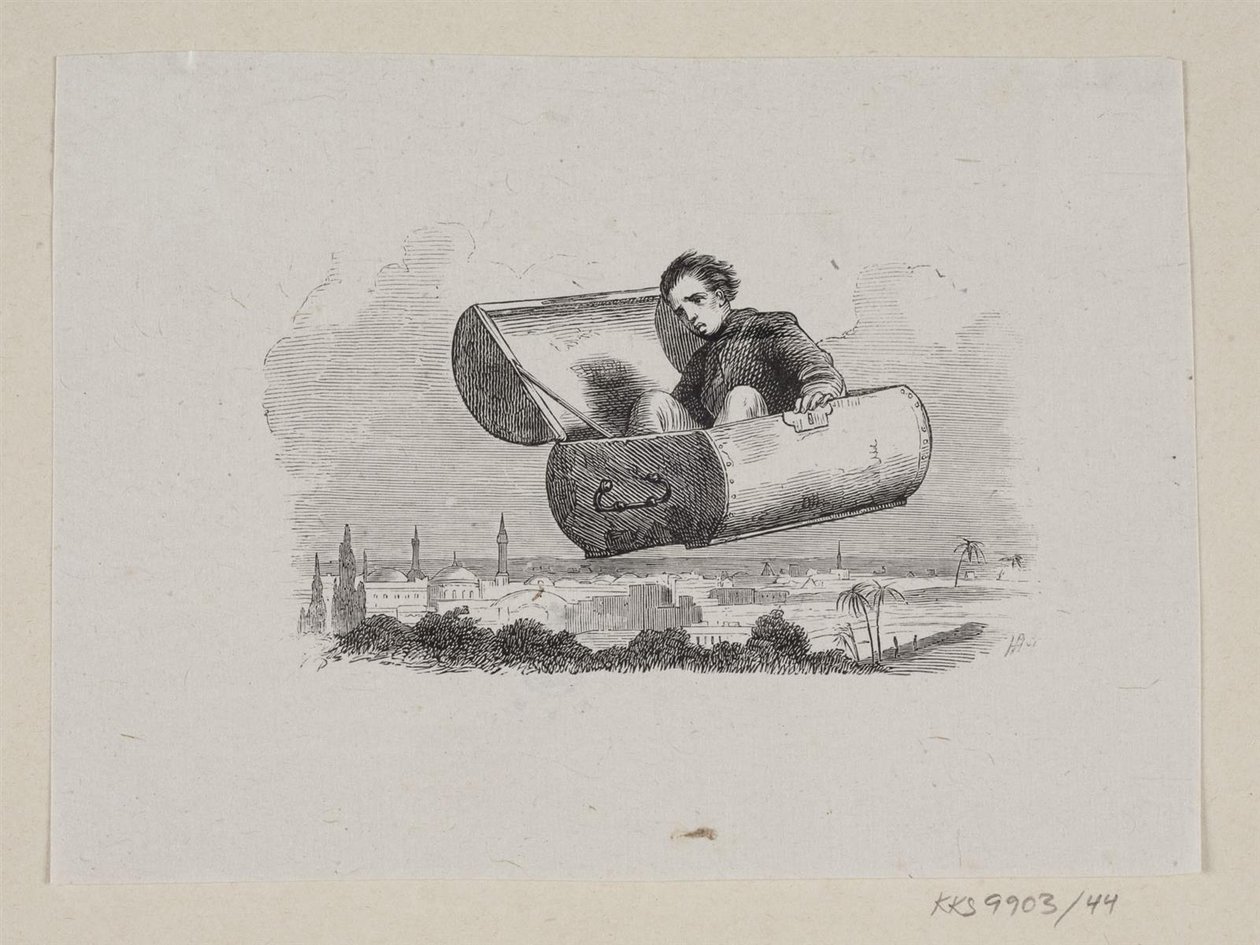 Illustrasjon til "Den flygende kofferten" i H.C. Andersen, "Eventyr og historier", bind 1 av H.P. Hansen