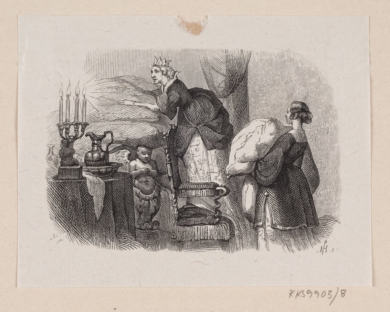 Illustrasjon til "Prinsessen på erten" i H.C. Andersen, "Eventyr og historier", bind 1 av H.P. Hansen