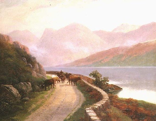 Drover med kyr ved Lake Buttermere, kveld av H.R. Hall