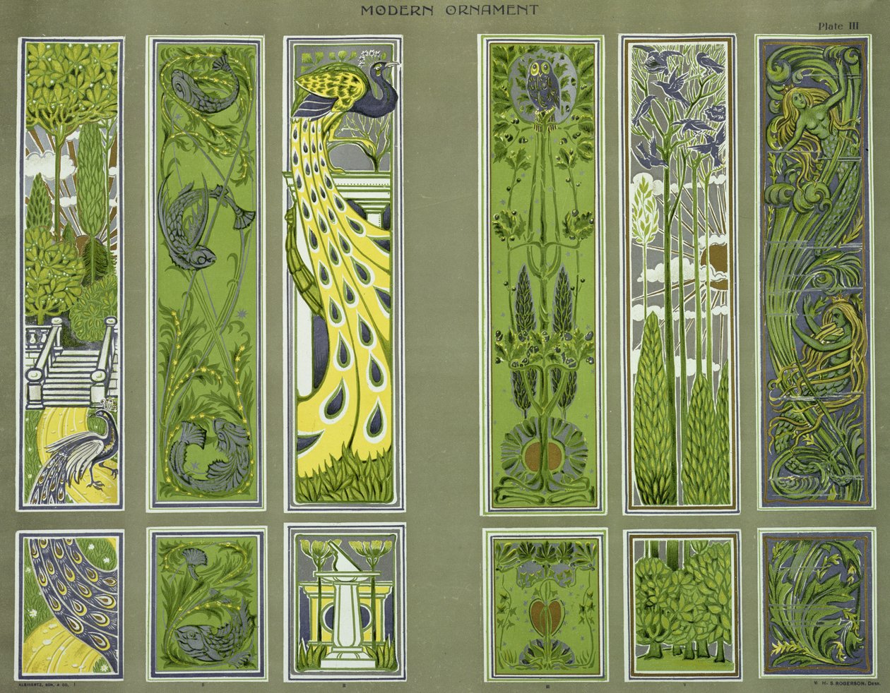 Paneldesign, plate III fra 'Modern Ornament' utgitt av Decorative Art Journal Company Ltd. ca. 1900 av H.Summerfield Rogerson