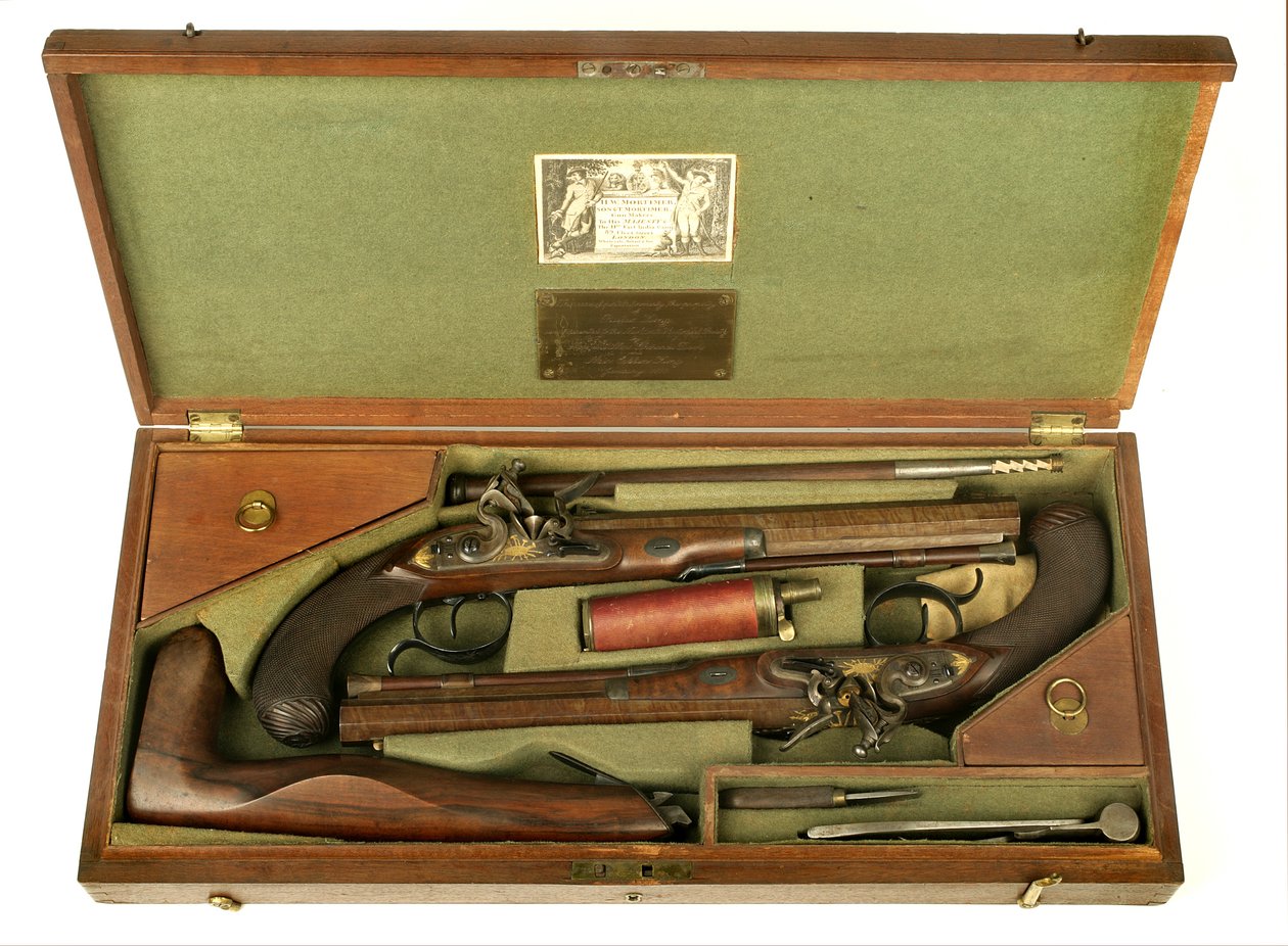 Et par Flintlock-duellpistoler med koffert og tilbehør, ca. 1780-1800 (blandet media) av H.W. Mortimer and Sons