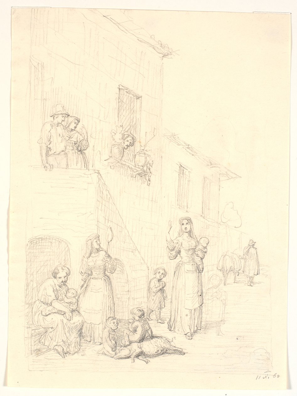 Kvinner og barn utenfor et italiensk hus av H.W. Bissen