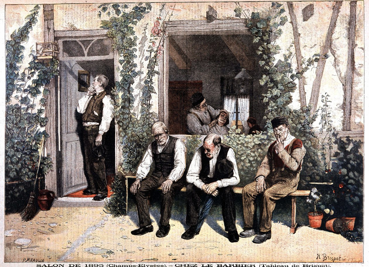 Frisør. Litografi basert på maleriet av Brispot, utstilling fra 1895 på Champs Elysees. I "" Le Petite Journal"" av 26. mai av H. Brispot
