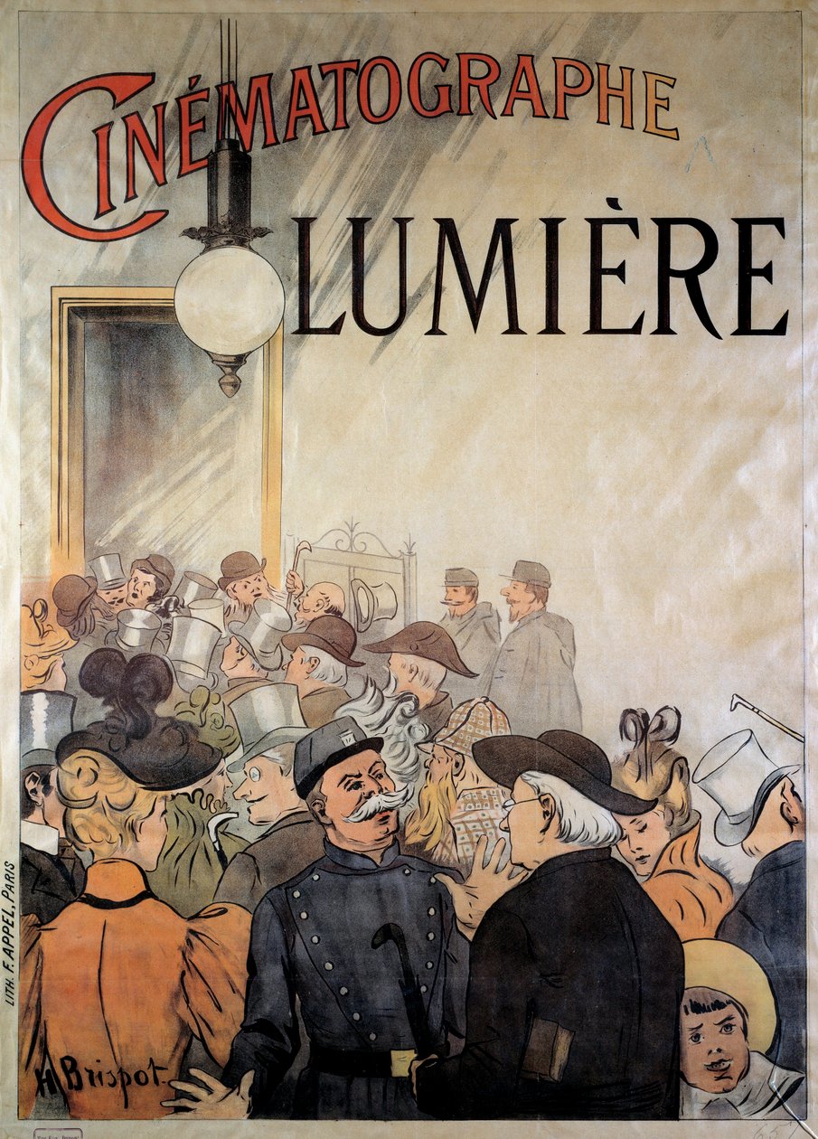 Plakat for kinematografen til brødrene Lumiere på den store kafeen i desember 1895 (illustrasjon) av H. Brispot